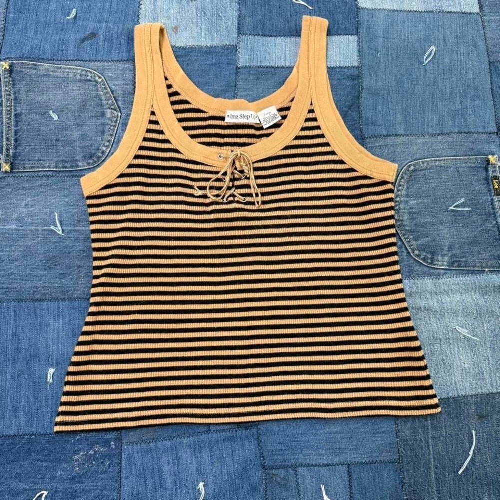 striped tank top with lace up detail